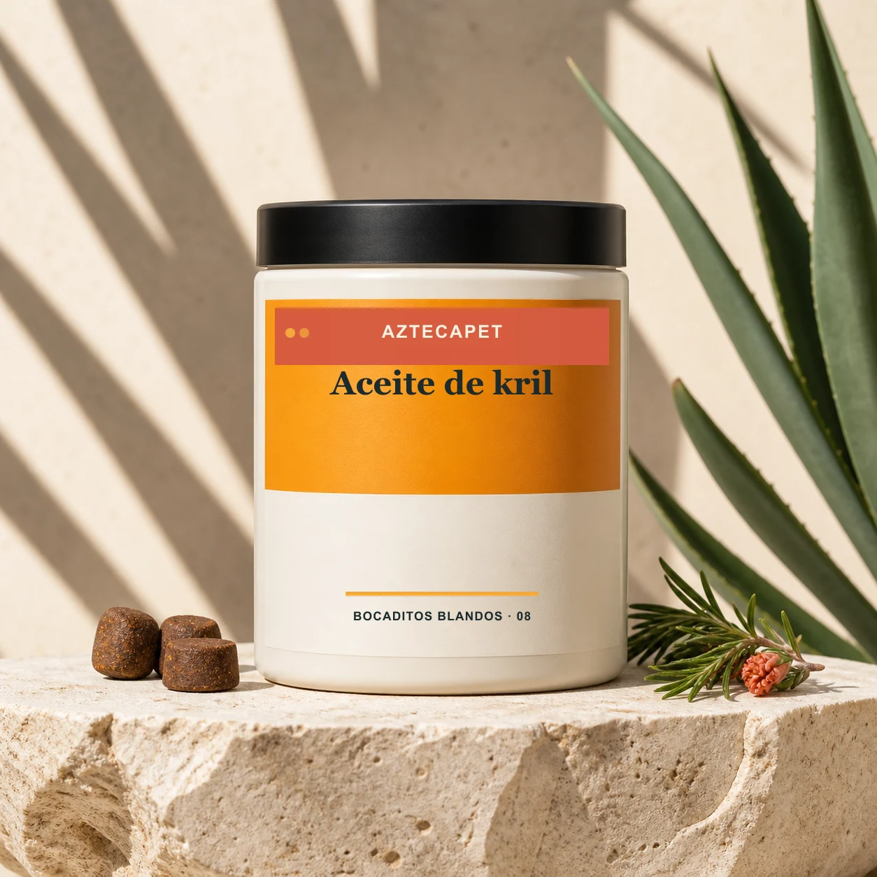 Concepto Aztecapet de aceite de kril en bocadito blando para proyecto de marca privada